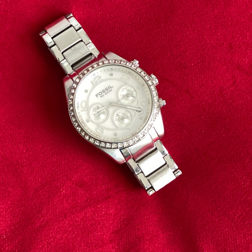 Fósil silver and crystals watch